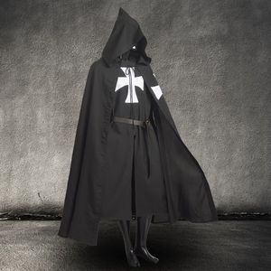 Mannen Vintage Middeleeuwse Warrior Larp Cosplay Kostuum Templar Knight Black Tuniek Cape Hooded Cloak Cobe met riem