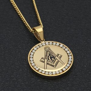 Men Free Mason Round Pendant Tag Stainless Steel With Clear Rhinestones Masonic Compass Square Symbol 24" Cuban Chain Necklace