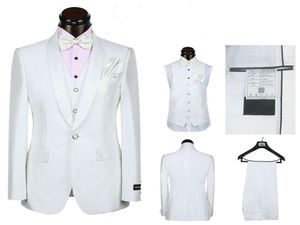 5 pezzi Abito bianco Smoking dello sposo Scialle Risvolto One Button Groomsmen Uomo Abiti da festa di nozze Custom Made (giacca + pantaloni + cravatta + gilet + fazzoletto)