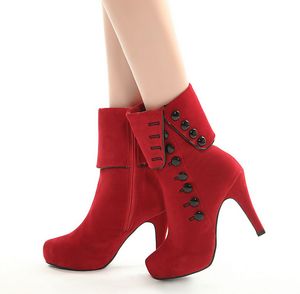 Novos 2 cores Corea Designer Sapatos 10 cm de altos saltos com botão moda mulheres inverno vermelho botas curtas adicionar pelúcia nxz124