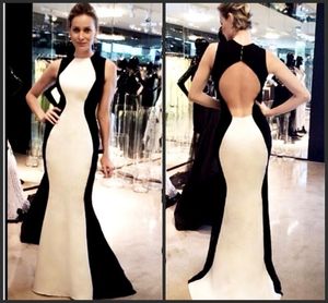 Cheap Mother Dresses With Hollow Back And Button Crew Mermaid Prom Dress Floor Length Elastic Satin Black And White Evening Party Gowns