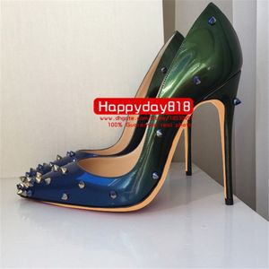 free fashion women pumps blue green patent leather spikes rivets point toe high heels cone heel shoes lady genuine leather 120mm