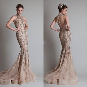 2017 vestidos de noite de champanhe de alta pescoço sereia tribunal trem zuhair murad vestidos com apliques de ouro de volta coberto botões vestidos de baile