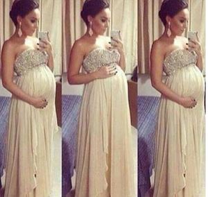 Gorgeous Crystal Maternity Prom Dresses Strapless Chiffon Evening Gowns Pregant Kvinnor Outfits Party Dress Beaded Top Vestidos Anpassad