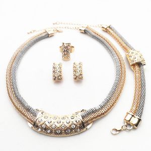 Ställer in mode 24K guld och platina pläterade klart Österrike kristall strasshalsband örhängen armband ring bröllop brud smycken set 7