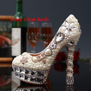 Crystal Pearl High Heels Bridal Wedding Dress Shoes Lady White Pearl Rhinestone Party Dress Shoes Thin Heels Graduation Shoes