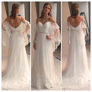 2020 Romantic Beach Wedding Dresses Sweetheart Batwing Sleeves Crystal Sash Spaghetti Straps Backless Bridal Dress vestido de novia