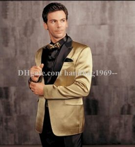 Mode Gold Jacke mit schwarzen Hosen Bräutigam Smoking spitze Revers Trauzeugen Herren Hochzeitskleid Prom Blazer Anzüge (Jacke + Hose + Gürtel + Krawatte) AA894