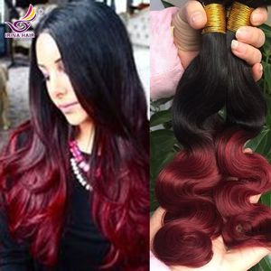 Ucuz Perulu Bakire Saç Vücut Dalga Ombre Saç Uzantıları İki Ton Renkli İnsan Saç 4 ADET 1B Bordo Dalgalı Remy Ombre Remy Saç Dokuma