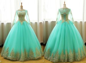 Fashion Mint Ball Gown Sweet 16 Dresses With Illusion Long Sleeves Gold Lace Applique Tulle Corset Back Sheer Neck Cheap Quinceanera Dress