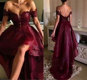 Sexy Burgundy Evening Dresses Hi Lo Organza with Lace Backless Prom Dresses Sweep Train Long Pageant Dress Accept Custom Made