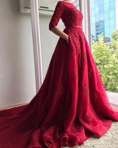 2020 New Elegant Burgundy Half Sleeves Evening Dresses With Pockets Lace Appliques Prom Dresses Party Wear Sweep Train 312