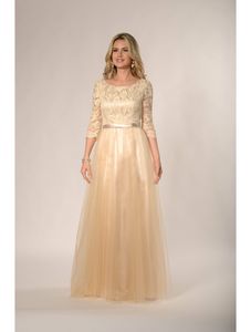 Ny gul spets tulle långa blygsamma ärmar brudtärna klänningar Sheer Lace Sleeve A-Line Formell LDS Bröllopsfestklänning