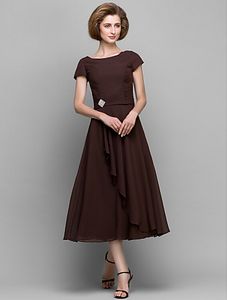 A-line Mother of the Bride Dress Chocolate Tea-length Short Sleeve Chiffon Mother's Dresses