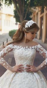 2019 ny designer toppkvalitet juvel bröllopsklänningar bollklänning underbara långa ärmar illusion bodice bröllopsklänningar321d