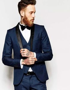 Custom Made One Button Mens Suits Navy Blue Groom Tuxedos Best Man Suit Wedding Suit (Jacket+Pants+Vest+Bow Tie+Kerchief) Handsome Jackets