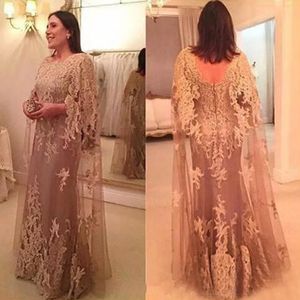 Plus Size Formal Dress Evening Gowns Bateau Neck Lace Appliques Floor Length Tulle Mother of the Bride Dress with Cape Custom Made