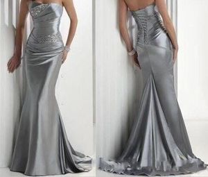 Årsdagen av vår butik! I lager Hot Sexig Stropless Beaded Silver Elastic Satin Mermaid Satin Bridesmaid Evening Prom Klänningar Under $ 100