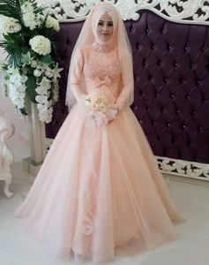 新しい桃のイスラム教徒のウェディングドレスハイネックAラインオーガンザの結婚式のブライダルガウン長袖ローブデマリエ2015ウェディングドレスビーズドレス
