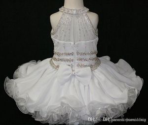 Elegante weiße Cupcake-Festzugkleider für Kleinkinder, Neckholder, Perlen, Prinzessinnenkleid, kurze Erstkommunion-Kleider für Blumenmädchen für die Hochzeit271k