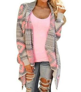 Women Long Sleeve Waterfall Knitted Geometric Print Cardigan Sweater Outwear Top