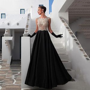 Stunning Scoop Neckline See-through Full-length A-line Evening Dresses With Beadings & Rhinestones Black Prom Party Dresses Evening Gowns