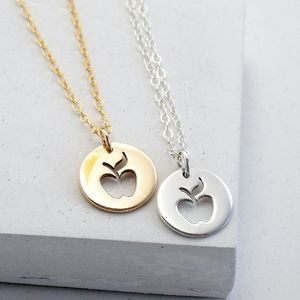 10PCS Gold Silver Cute Apple Necklace Simple Funny Outline Fruit Necklace Teacher Necklaces Circle Round Disc Necklaces for Coin Jewelry