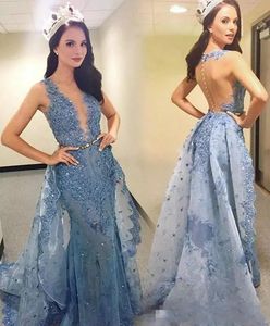 Glitter Zuhair Murad Abiti da sera Gonne staccabili Appliques Bead Sheer Backless Profondo scollo a V Dubai Prom Dress Ultimi abiti da spettacolo per feste