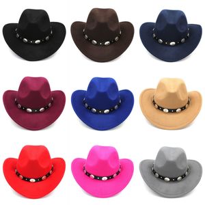 Womens Fashion Western Cowboy Hat with Roll Up Brim Felt Cowgirl Sombrero Caps with Studded Leather Belt3073