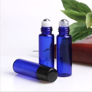 500 Stück, schneller Versand, leere 5 ml blaue Parfüm-Glasrollerflaschen, ätherisches Öl, Roll-on-Flasche mit Metallkugel, schwarzer Kunststoffkappe