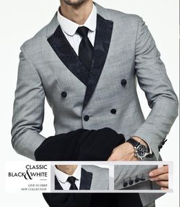 3 stycken sida ventiler ljusgrå kostym brudgum tuxedos smal passform dubbelbröst brudgumsmän män bröllop semester slitage skräddarsydda (jacka + byxor + slips)