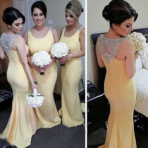 Elegante gele bruidsmeisje jurken lange zeemeermin ronde hals mouwloze kristallen kralen appliques formele bruiloft jurken plus size goedkoop