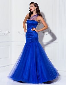 Royal Blue Mermaid One Shoulder Floor-length Tulle Side Draping Bridesmaid Dress