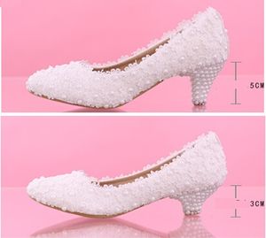 Chegada nova Pérolas e Sapatos de Casamento Rendas 3 cm 5 cm Sapatos de Noiva de Salto Médio Prom Party Shoes