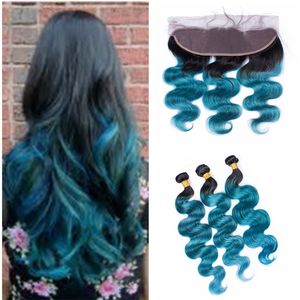 1b Blue Ombre Hair Bundles With Lace Frontal With Baby Hair Ear To Ear Full Lace Frontal With Ombre Hair Weaves 4Pcs Lot