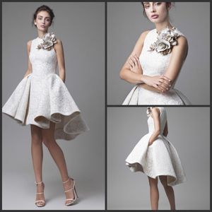2019 New Lace Wedding Dress Krikor Jabotian Jewel Sleeveless High Low Wedding Dresses Short A-Line Beach Bridal Gowns With Flower 244