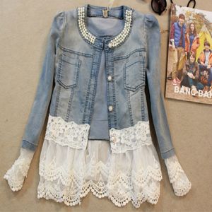 Wholesale- Autumn new 2017 big staple beads lace stitching cowboy jacket female long sleeve shirt denim jacket jeans jacket women A646