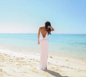 섹시 해변 웨딩 드레스 깊은 V 목 스파게티 스트랩 사이드 스플릿 신부 가운 흰색 오픈 백 칼집 여름 싼 신부 328V