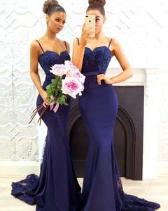 Sweetheart Mermaid Bridesmaids Dresses with Spaghetti Straps Lace Applique Beaded Wedding Guest Dresses Sexy Backless Satin Bridesmaid Dress