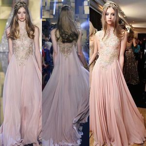 Elie Saab Blush Chiffon Aftonklänningar med guldapplikationer Lace Prom Dress Illusion Party Gowns En linje Maxi Dress Vestido de Festa