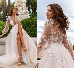 Crystal Design Suknie ślubne z długim rękawem koronki Sexy Głębokie V Neck Vestidos de Novia Zobacz przez tylne suknie ślubne plus rozmiar