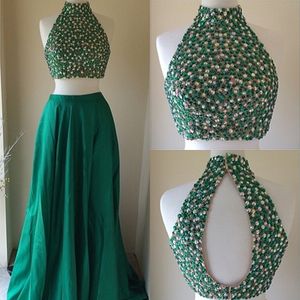 Emerald Green Two Pieces Prom Klänningar 2015 Hot Sale High Neck Beaded Sequins Crop Top Long Evening Gowns Pagant Party Formell Klänning