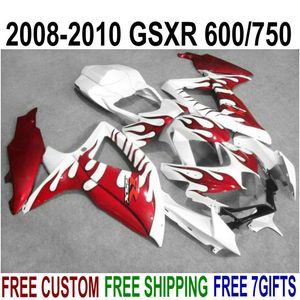 Plastmakare för Suzuki GSXR750 GSXR600 2008 2009 2010 K8 Röda flammor på vita Fairings Set K9 GSXR 600 750 08-10 TA67