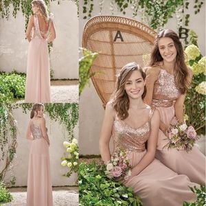 Günstige Brautjungfernkleider in Roségold, A-Linie, Spaghetti, rückenfrei, Pailletten, Chiffon, günstiges langes Strandhochzeitskleid, Brautjungfernkleider