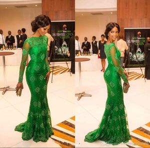 Topy Luksusowy Czerwony Dywan Miss Nigeria Gorgeous Green Lace Celebrity Prom Dresses Sheer Scoop Długie Rękawy Trąbka Syrenka Wieczór Formalne Suknie