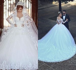 2018 Modern Arabic A Line Wedding Dresses Said Mhamad Sweetheart Long Sleeves Lace Appliques Beads Long Chapel Train Plus Size Bridal Gowns