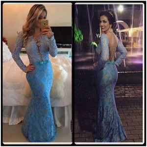 Wholesale islamic prom dresses resale online - Lace Long Prom Dresses Islamic Evening Party Dress New Long Sleeve V Neck Mermaid Blue Party Evening Gowns With Pearls