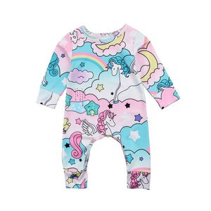 2018 Vår Höst Babykläder Mode Nyfödd Barnkläder Spädbarn Boys Flickor Unicorn Bodysuit Långärmad Jumpsuit Rompers Bomull Outfits