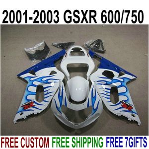 Gratis frakt Fairing Kit för Suzuki GSXR600 GSXR750 2001-2003 K1 GSX-R 600/750 01 02 03 Blue Flames White Plastic Fairings Set Xn10