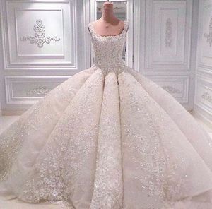 Luxury Lace Wedding Dresses Square Neckline Bridal Gowns Court Train Pearls Handmade Flowers Crystals Elegant Ball Gown Wedding Dress